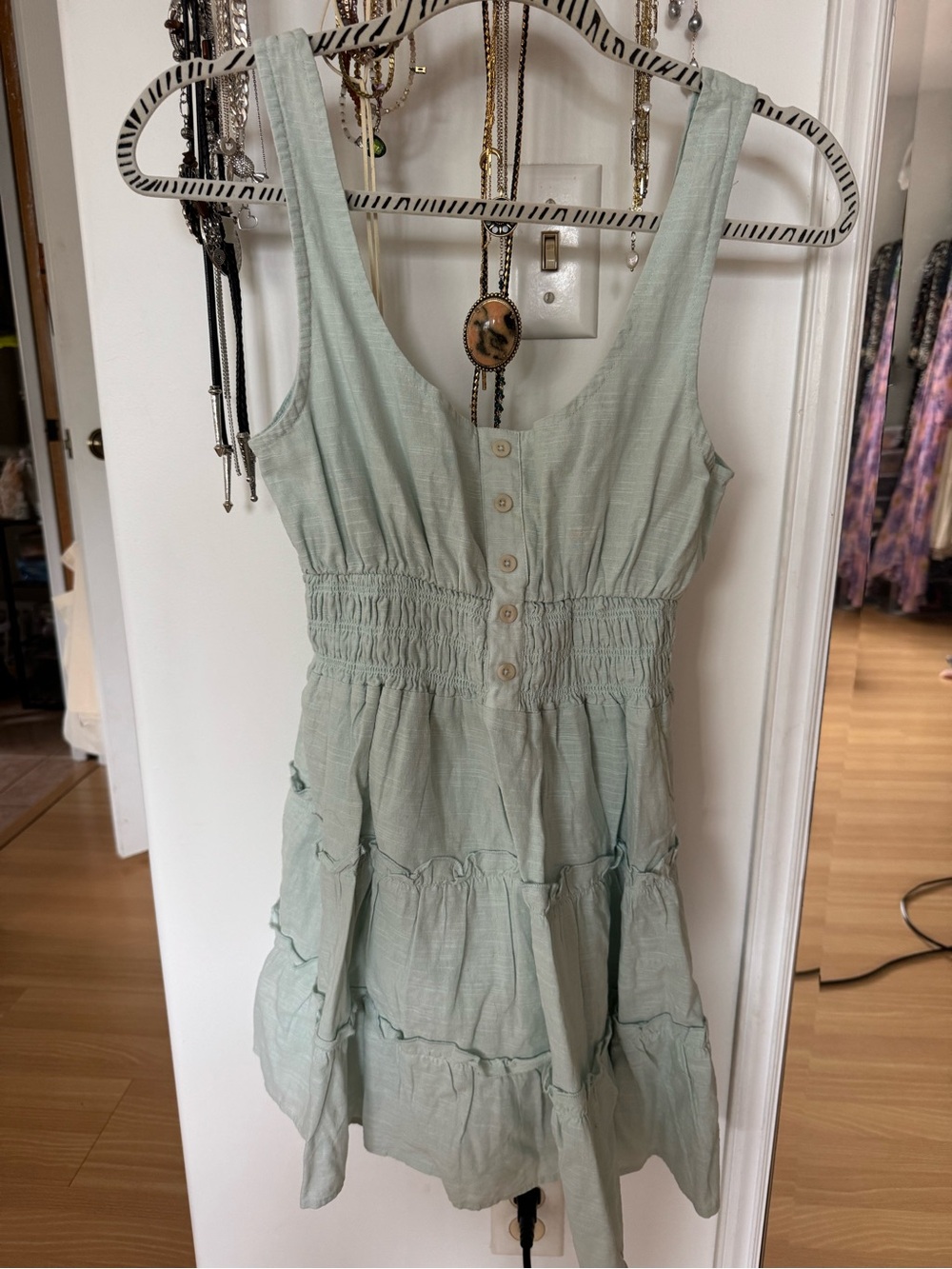 Urban Outfitters Mint Green Tiered Button-Front Mini Dress